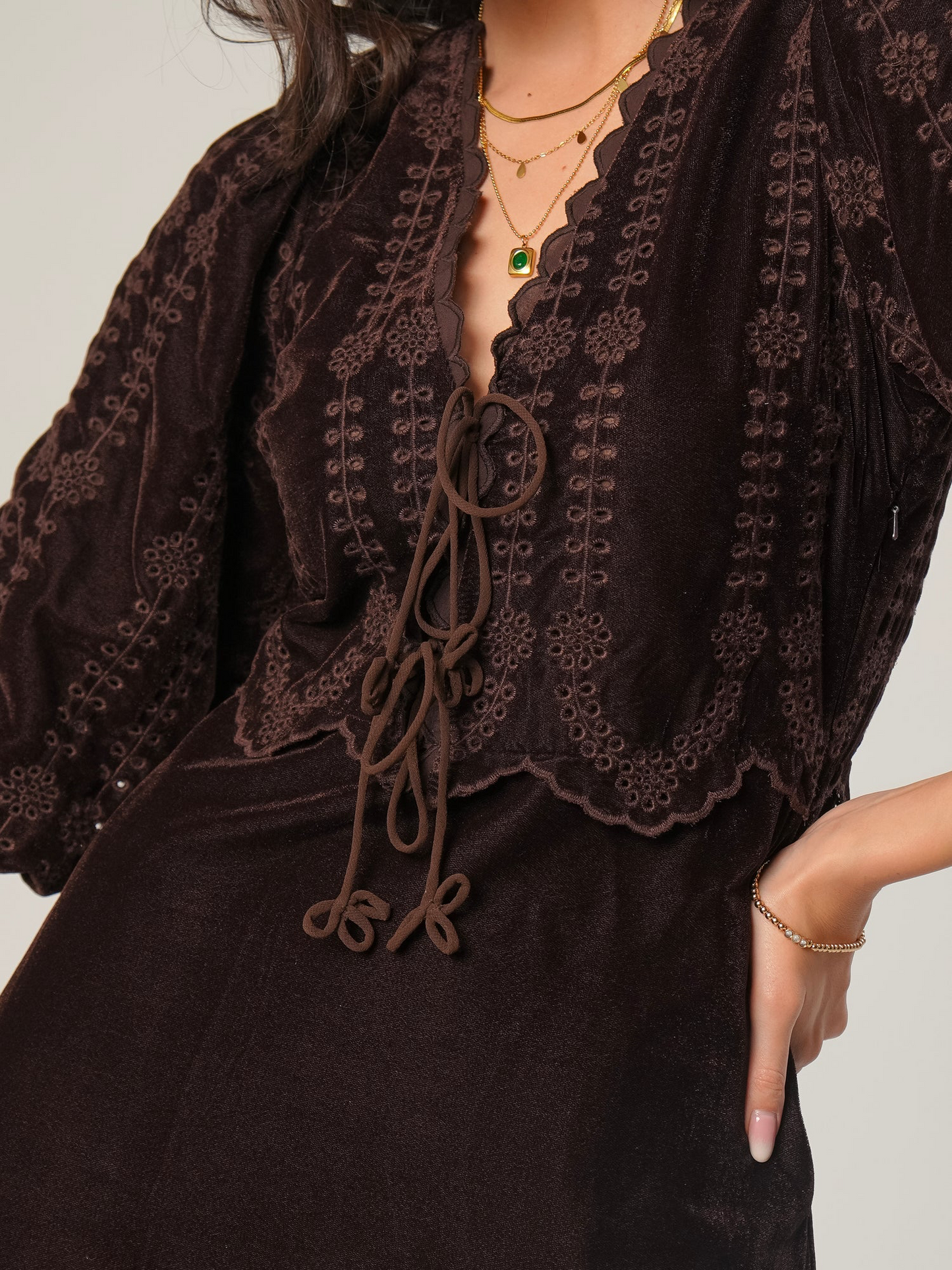 Rose And Nancy Drew Chocolate Brown Embroidered Velvet Tie Front Dress