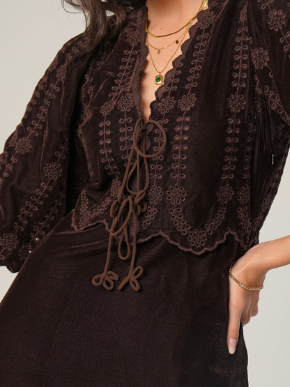 Rose And Nancy Drew Chocolate Brown Embroidered Velvet Tie Front Dress
