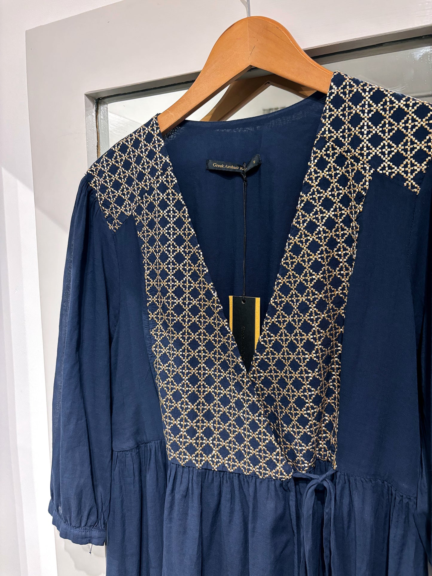 Greek Archaic Kori Navy Wrap Dress With Gold Embroidery