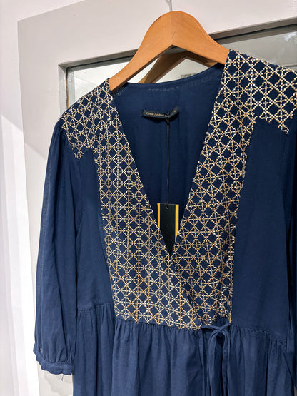 Greek Archaic Kori Navy Wrap Dress With Gold Embroidery