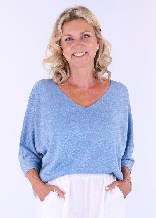 Cadenza V Neck Sparkle Top In Denim