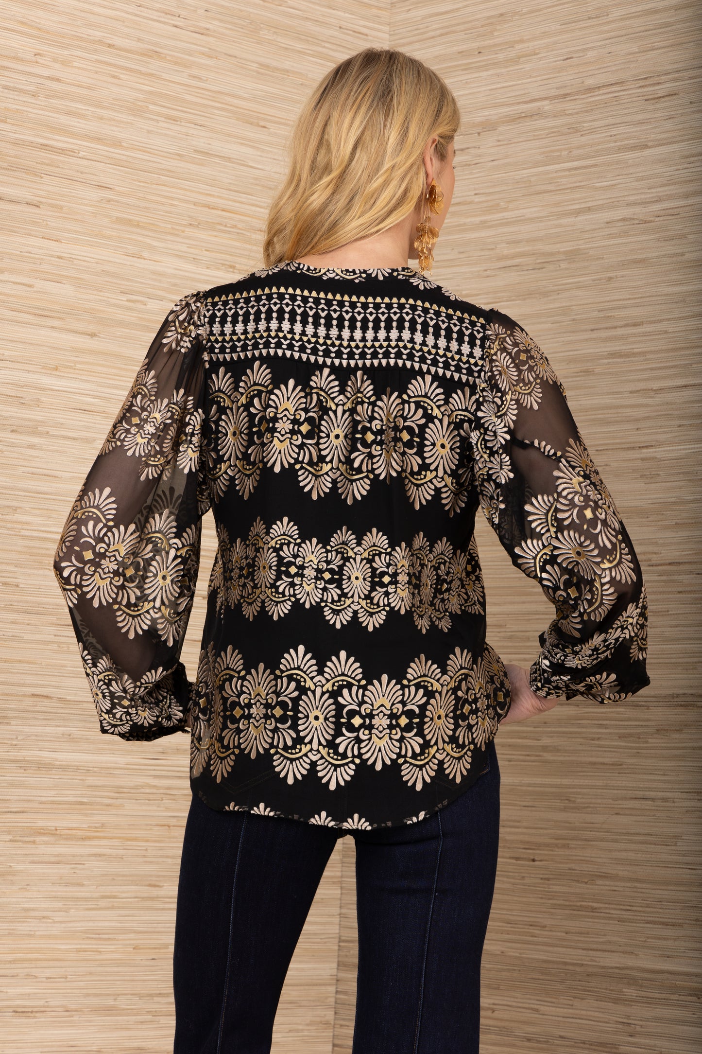 Hale Bob Silk Devore Blouse In Black & Gold