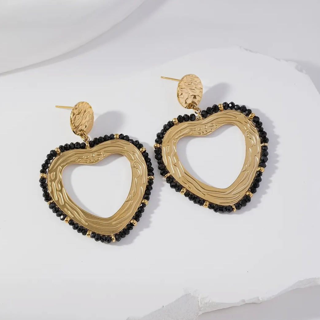 Heart Drop Earrings In Black