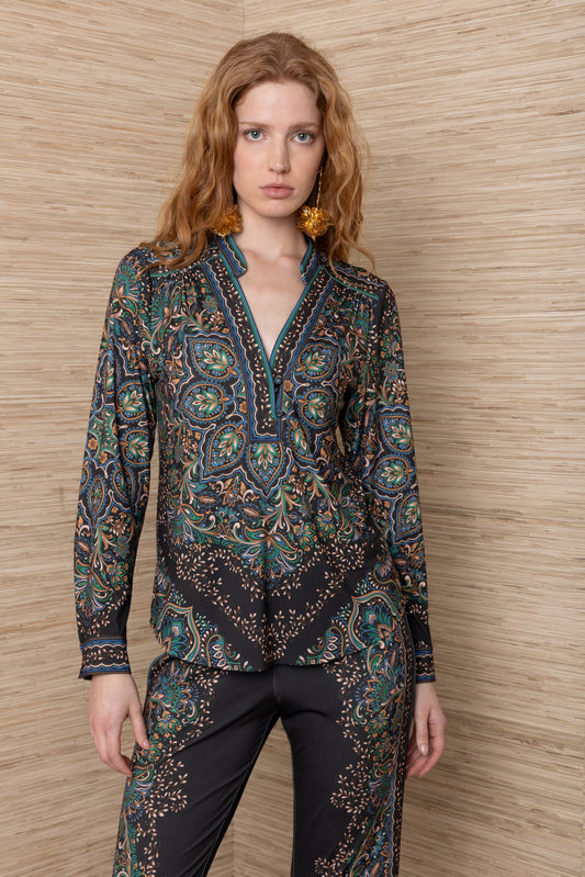 Hale Bob Black & Green Printed Jersey Blouse