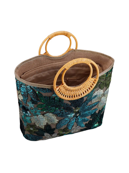 Emerald Green Sequin Tropical Tote Beach Bag