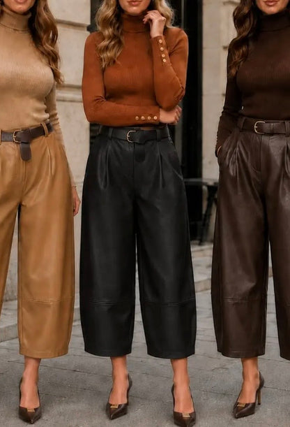 KM Black Barrell Leg Soft Pu Leather Look Trousers In Black