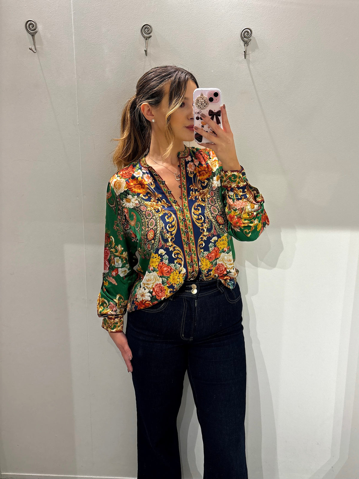 Hale Bob Green & Navy Multi Print Floral Ornate Print Blouse