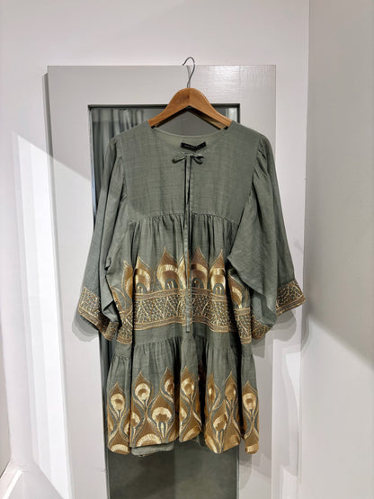 Greek Archaic Kori Short Linen Dress In Sage / Gold