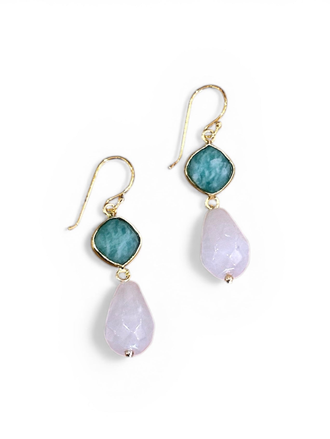 Handcrafted Gemstone & Crystal Earrings – 18K Gold-Plated 925 Silver Hooks In Rose Quartz & Amazonite