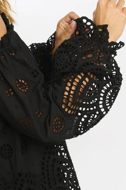 Miss June Opaline Bardot Embroidered Cotton Top In Black