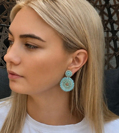 Mini Beaded Circle Drop Earrings in Turquoise