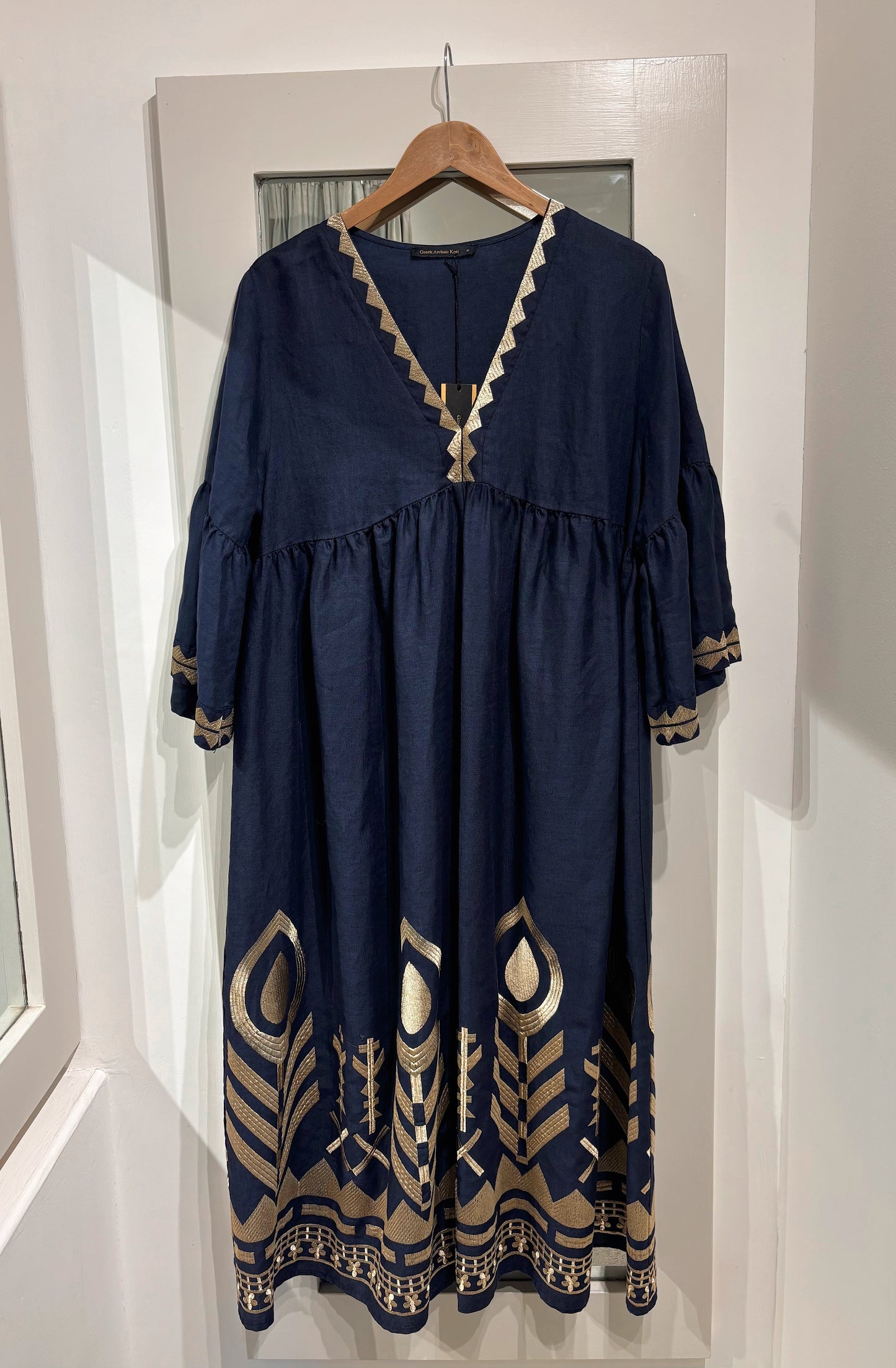 Greek Archaic Kori Midi Linen Dress In Navy/ Gold