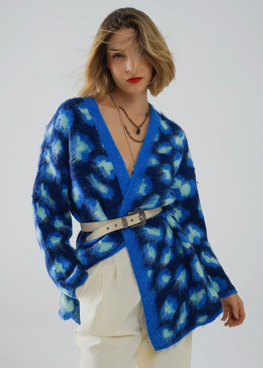 Q2 Blue Leopard Print Wool Cardigan