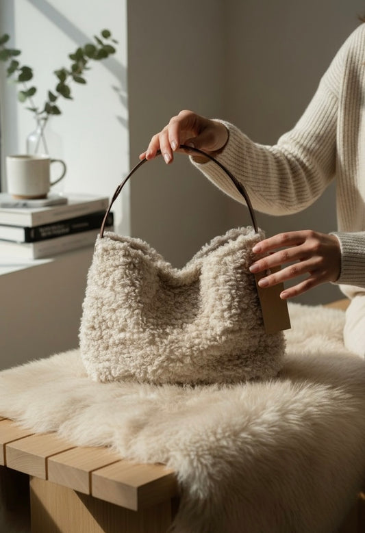 Shearling Effect Handbag In Beige