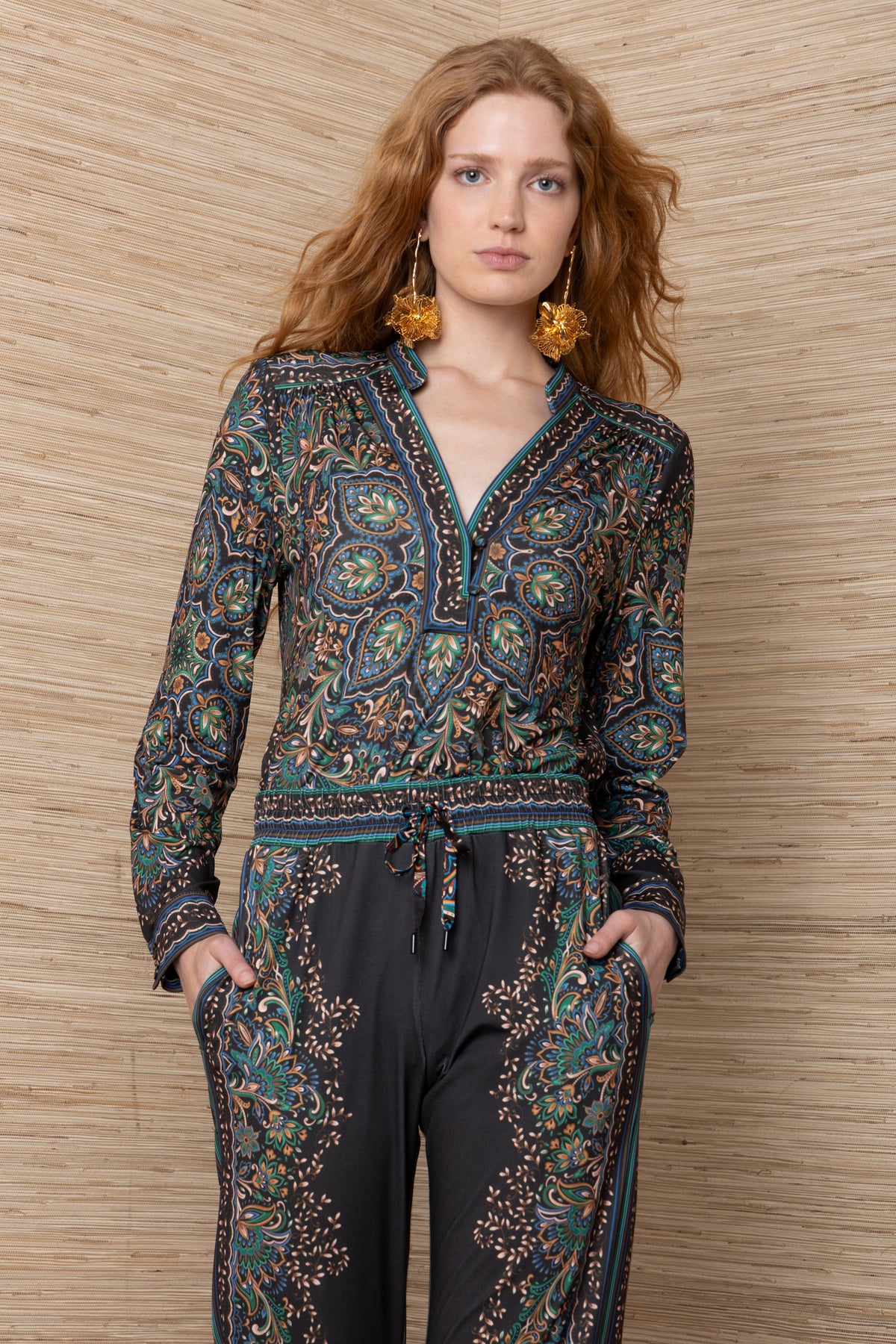 Hale Bob Black & Green Printed Jersey Blouse