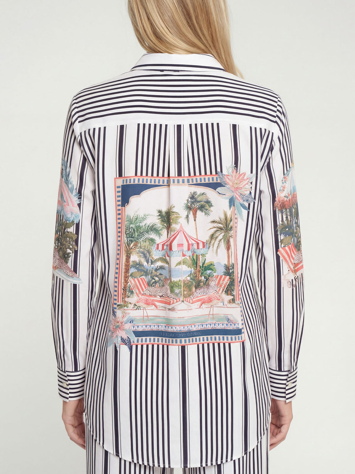 Vilagallo Black and white vertical striped shirt with an umbrella print on the front