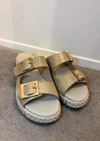 ILSE JACOBSEN METALLIC BUCKLE SANDALS IN GOLD SIZE 6