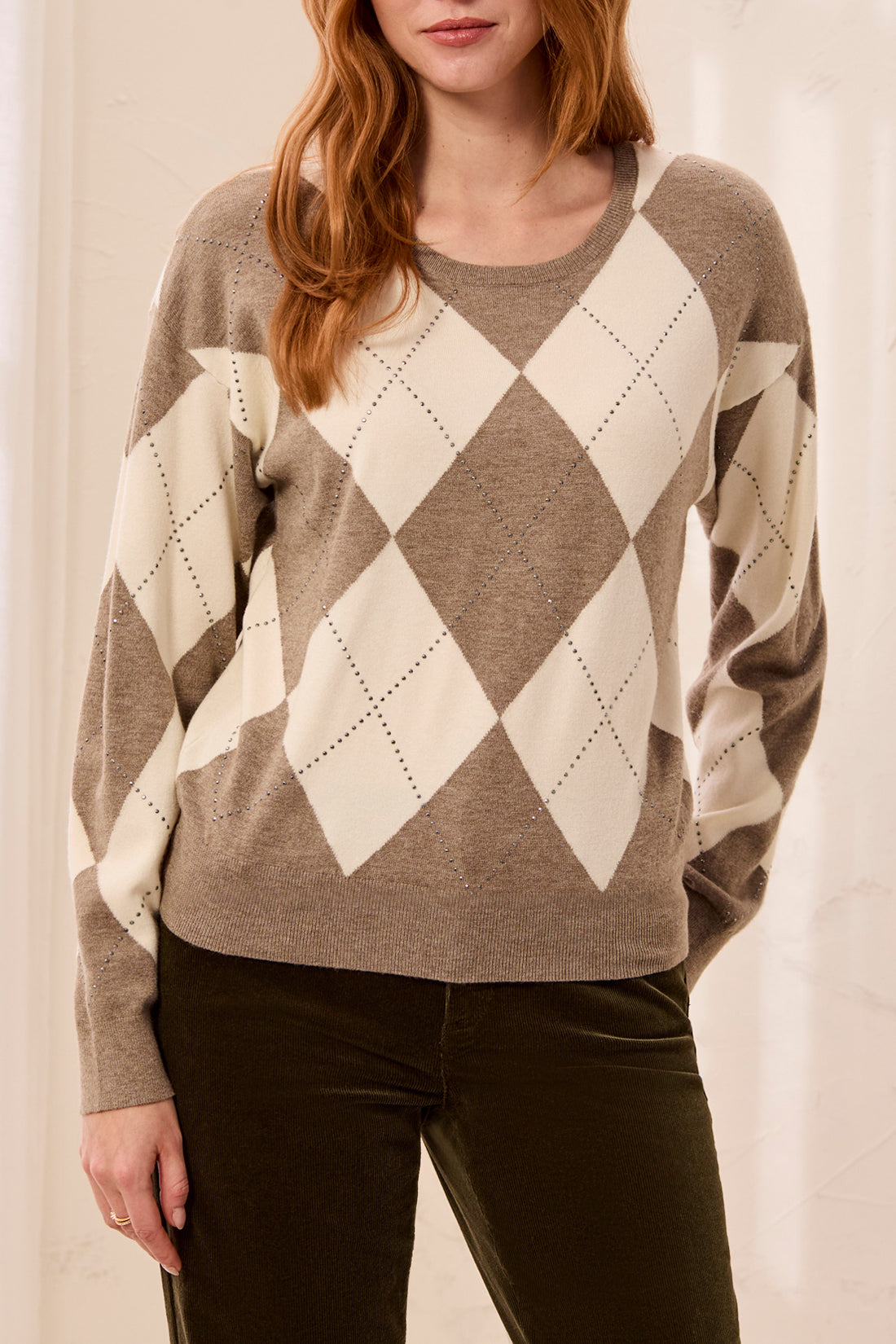 TRIBAL Diamond Print Jumper In Oatmeal With Studs