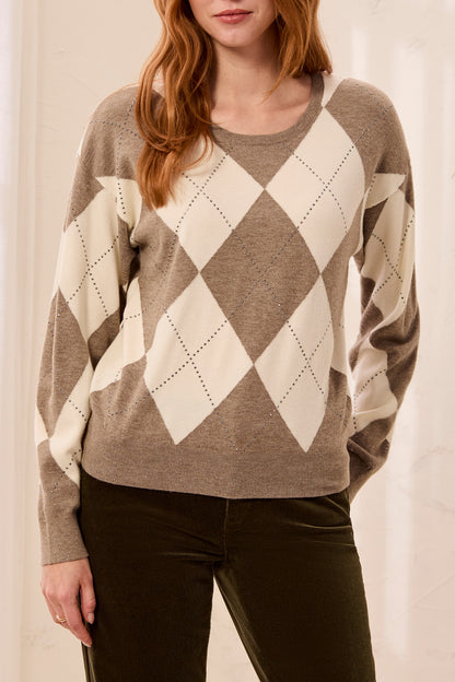 TRIBAL Diamond Print Jumper In Oatmeal With Studs