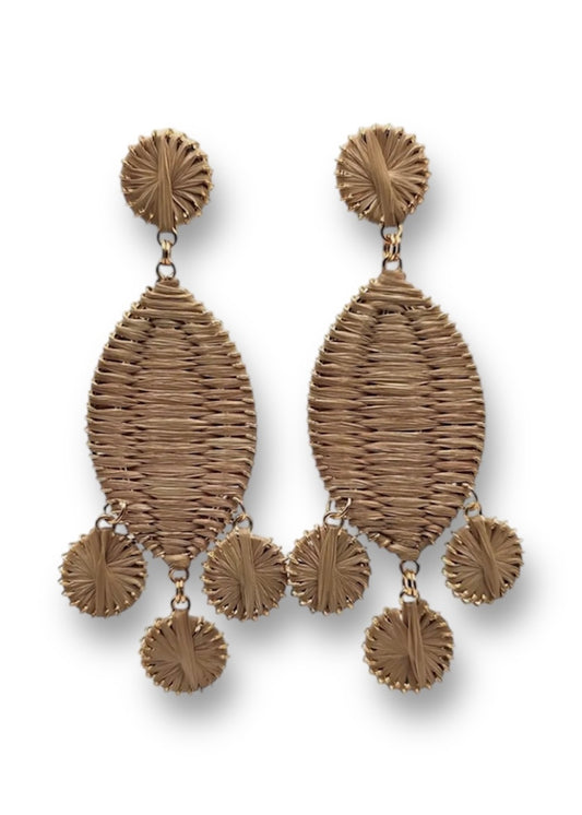 Beige Raffia Oval & Circle Drop Earrings