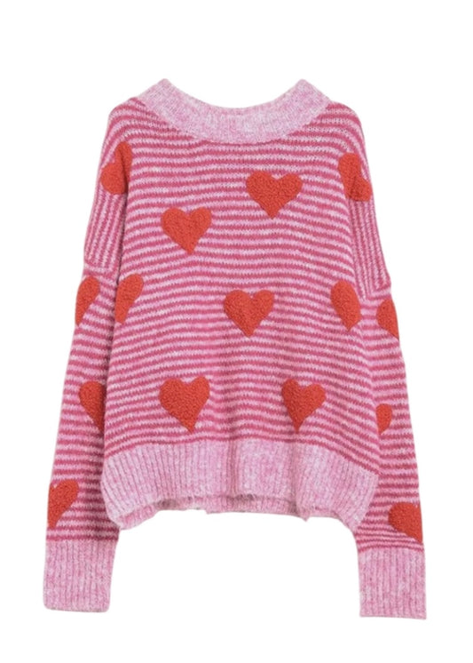 Q2 Pink Striped Sweater With Red Hearts