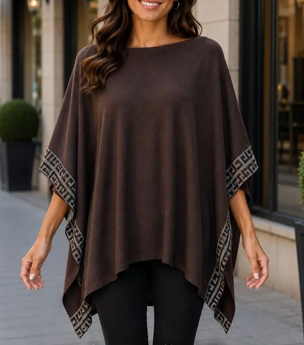 KM Sparkle Trim Poncho In Chocolate Brown