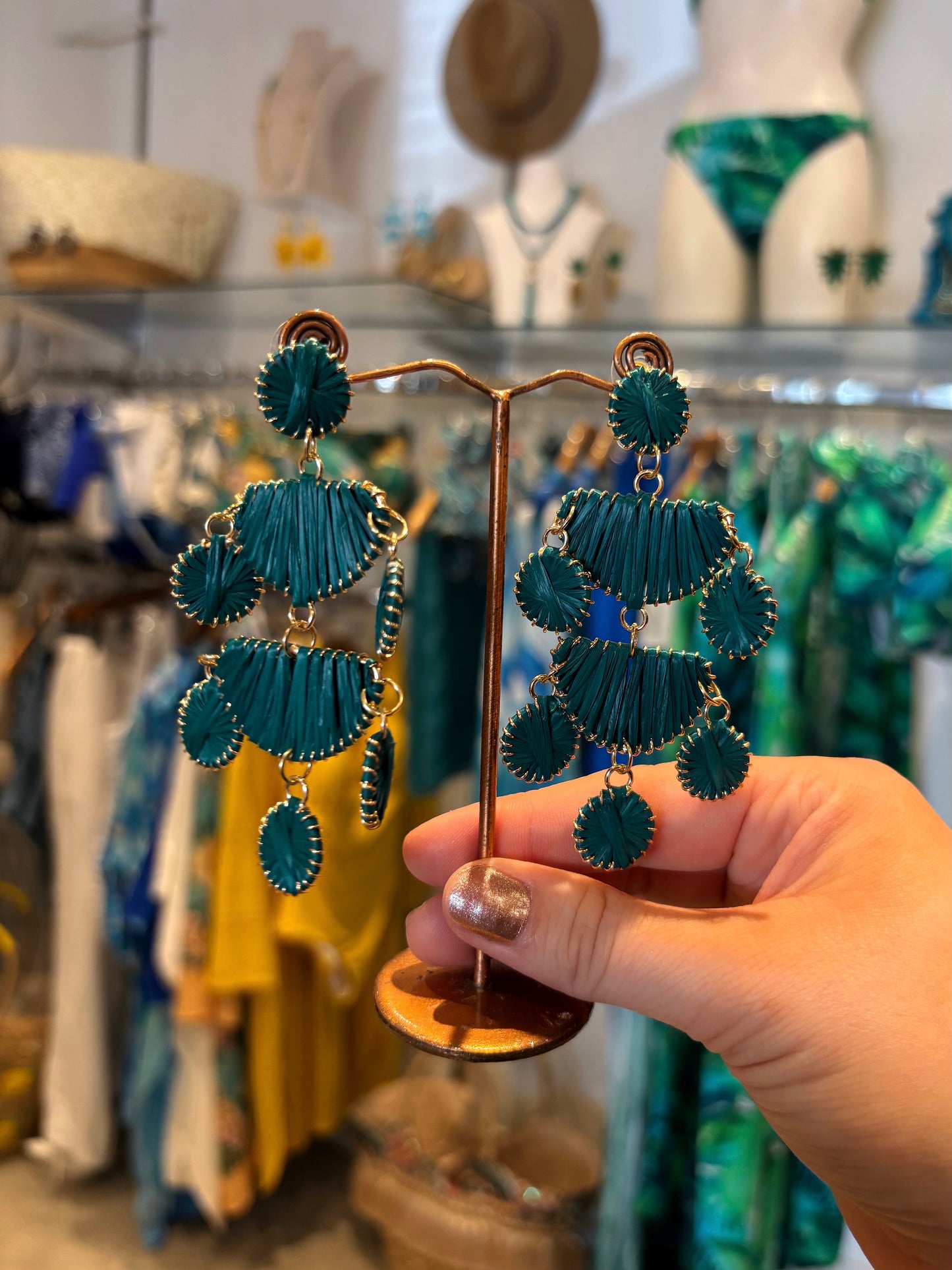 Teal Raffia Chandelier Earrings