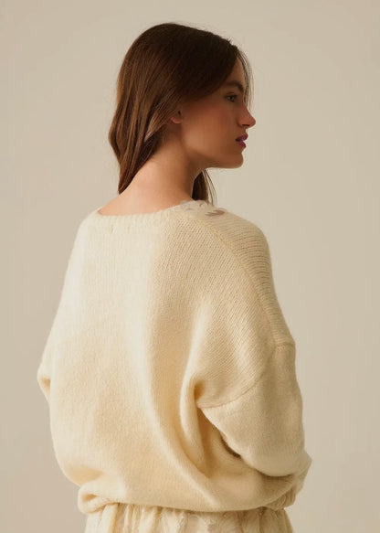 Q2 Cream V-Neck Sweater With Sequin Detail