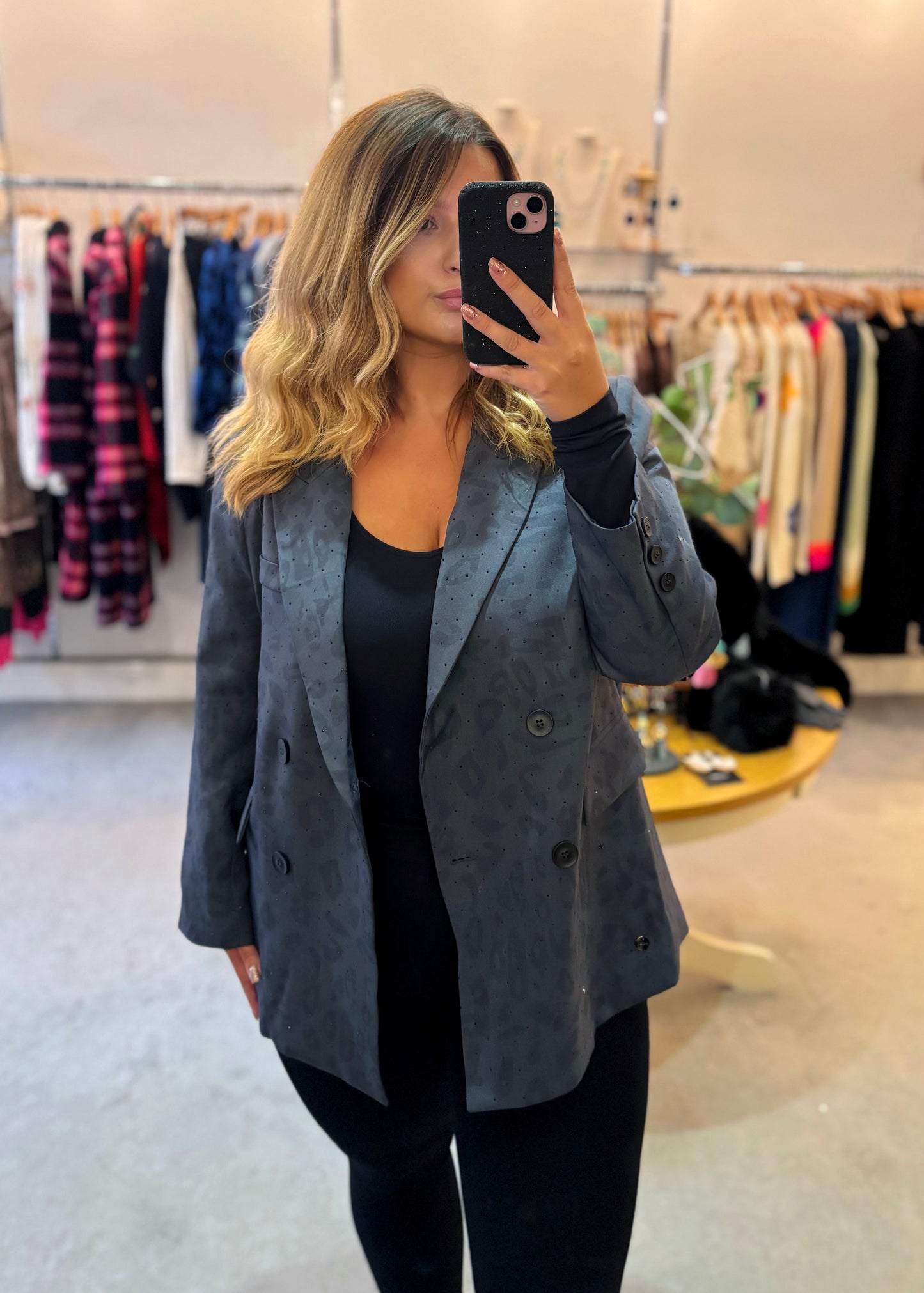 Grey Leopard Print Studded Blazer