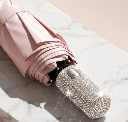 Crystal Handle UV Parasol & Rain Handbag Umbrella In Pink