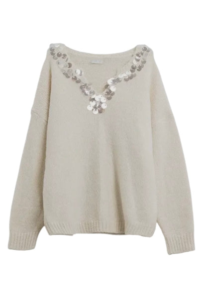 Q2 Cream V-Neck Sweater With Sequin Detail