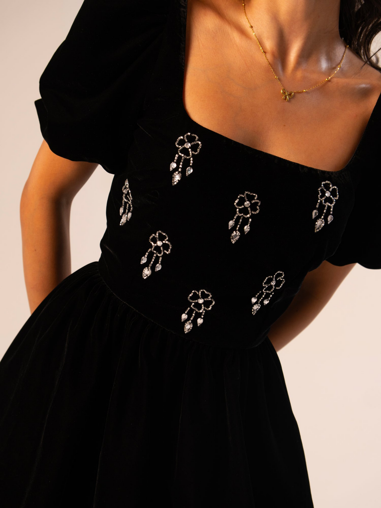 Rose And Nancy Embellished Square Neck Velvet Mini Dress