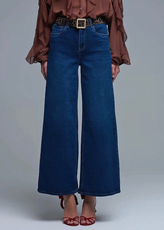 Q2 Stretch Wide Leg Jeans In Deep Blue