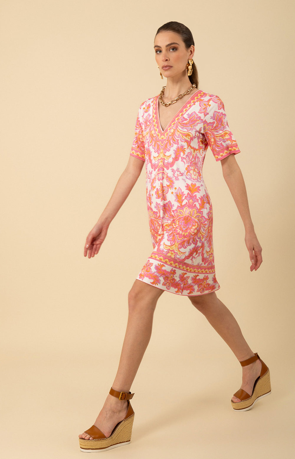 Hale Bob Pink & Orange Printed Jersey Dress