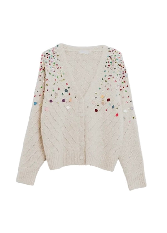 Q2 V-Neck Cardigan with Multicolor Embroidered
Sequin in Beige