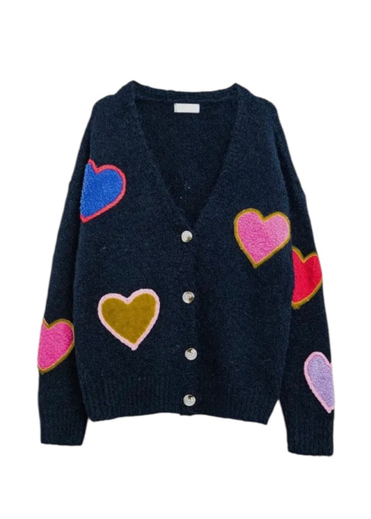 Q2 Blue Knitted Cardigan With Embroidered Hearts