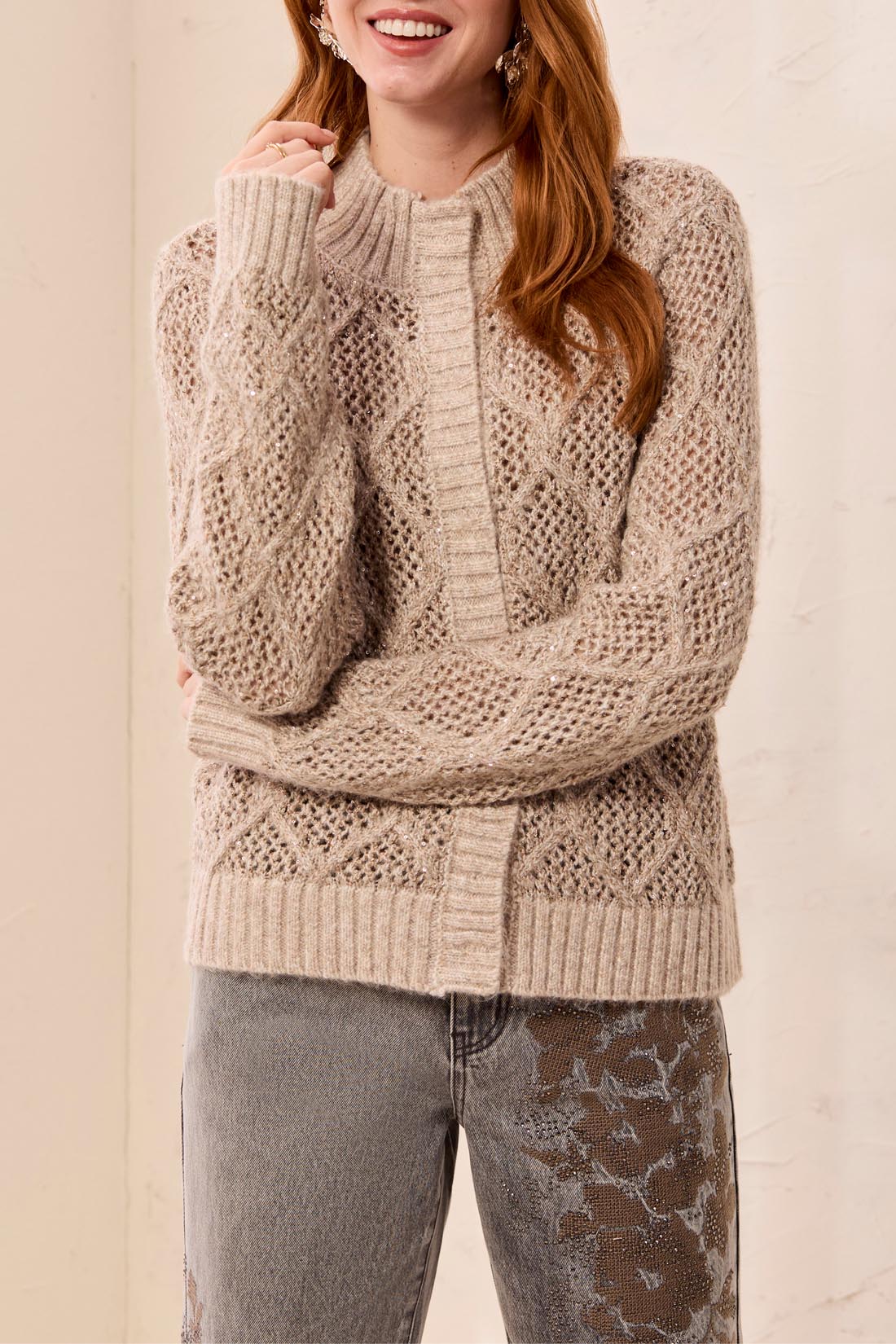 TRIBAL Crochet Knit Cardigan With Subtle Sparkle
