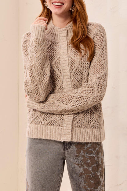 TRIBAL Crochet Knit Cardigan With Subtle Sparkle
