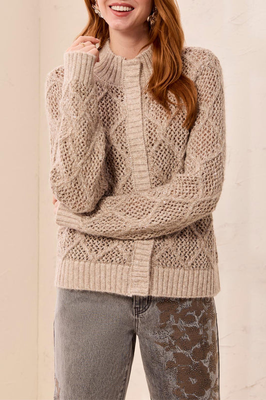 TRIBAL Crochet Knit Cardigan With Subtle Sparkle