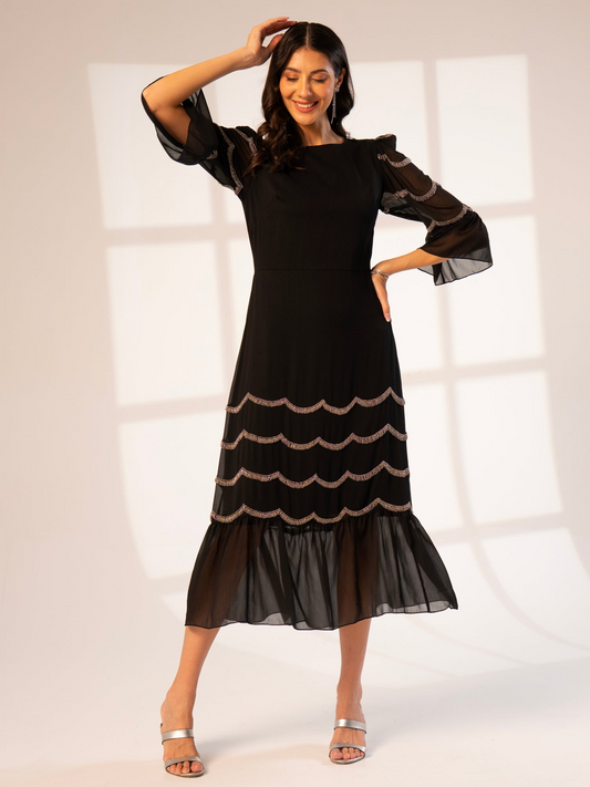 Rose And Nancy Georgie Black and Silver Scallop Bead Midi Dress