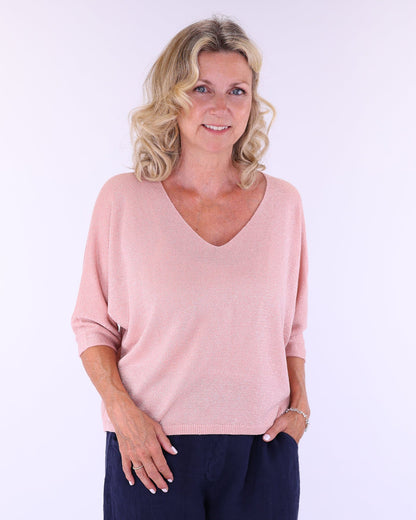 Cadenza V Neck Sparkle Top In Rose