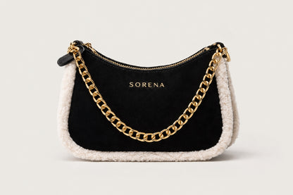 Sorena Valentina Suede Black With Faux Fur Trim Crossbody Bag