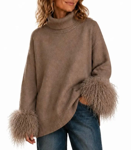 Malissa J High Neck With Detachable Faux Fur Cuff Jumper In Taupe