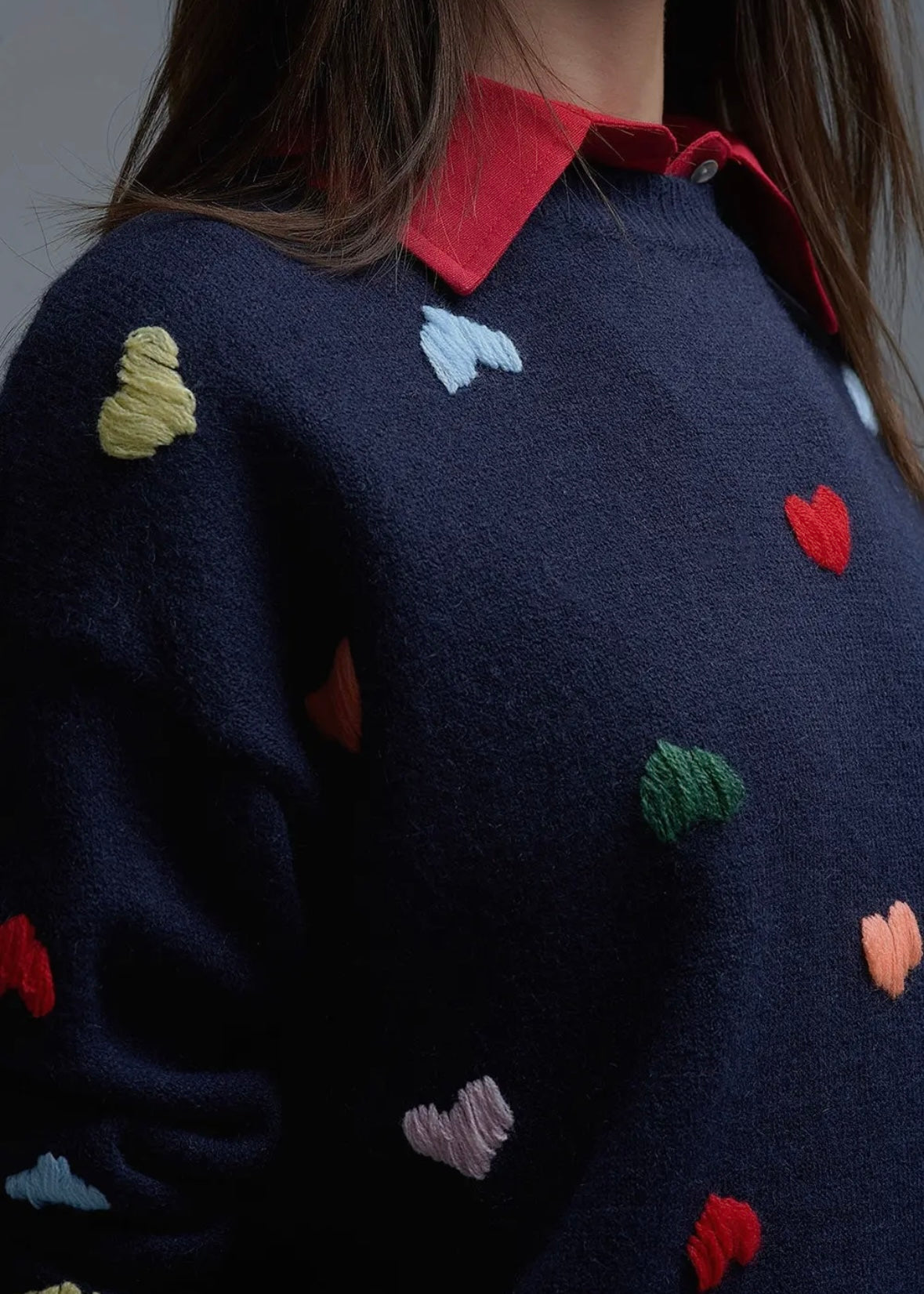 Q2 Navy Crew Neck Sweater With Multicoloured Embroidered Hearts