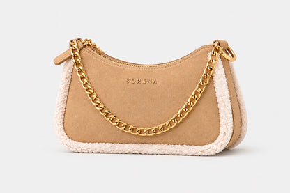Sorena Valentina Suede Beige With Faux Fur Trim Crossbody Bag
