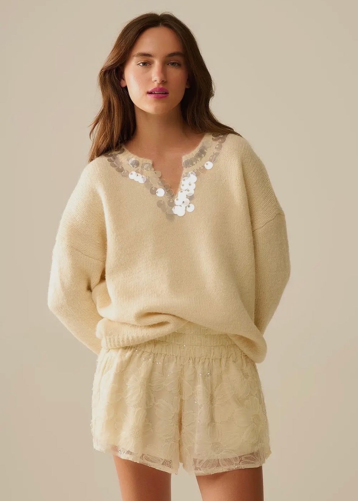 Q2 Cream V-Neck Sweater With Sequin Detail