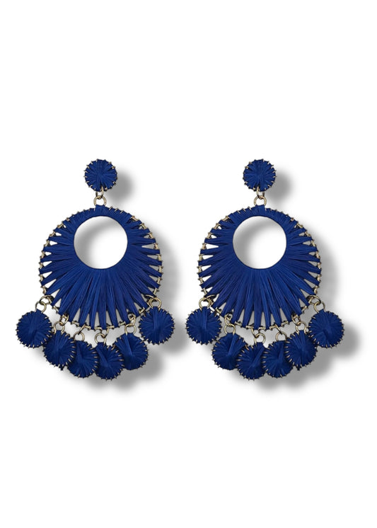 Blue Raffia Circle Drop Earrings