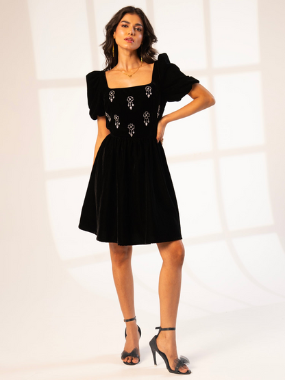 Rose And Nancy Embellished Square Neck Velvet Mini Dress