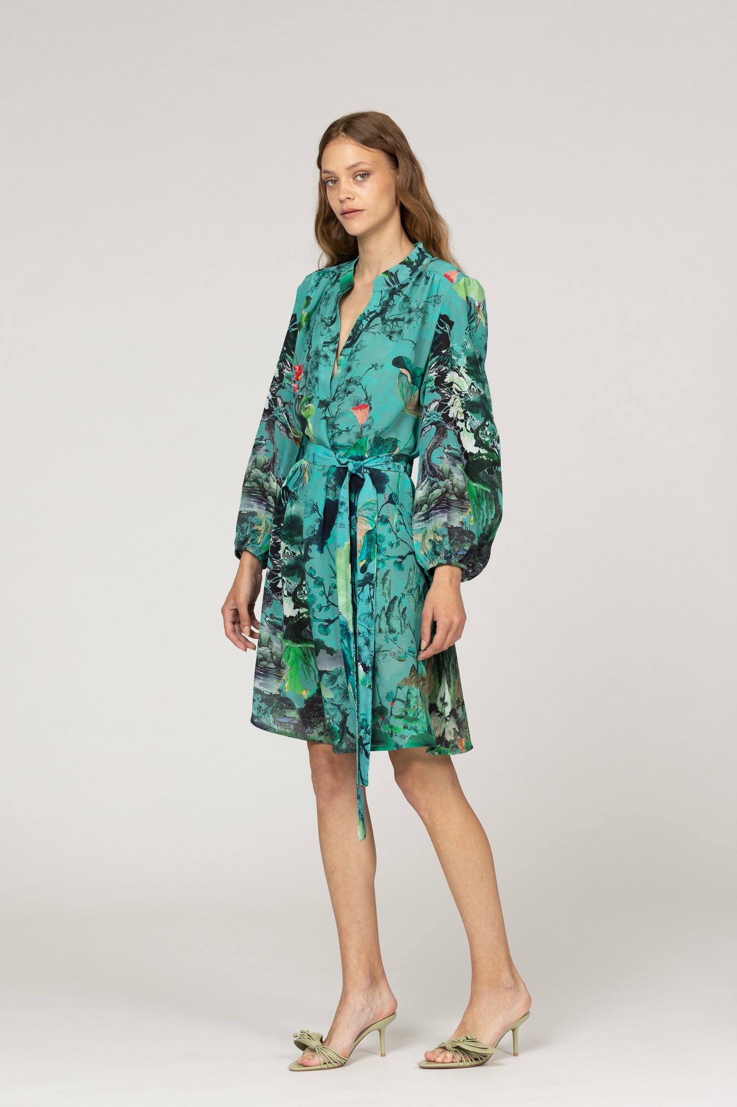 INOA Silk Flora Green Dress No Belt