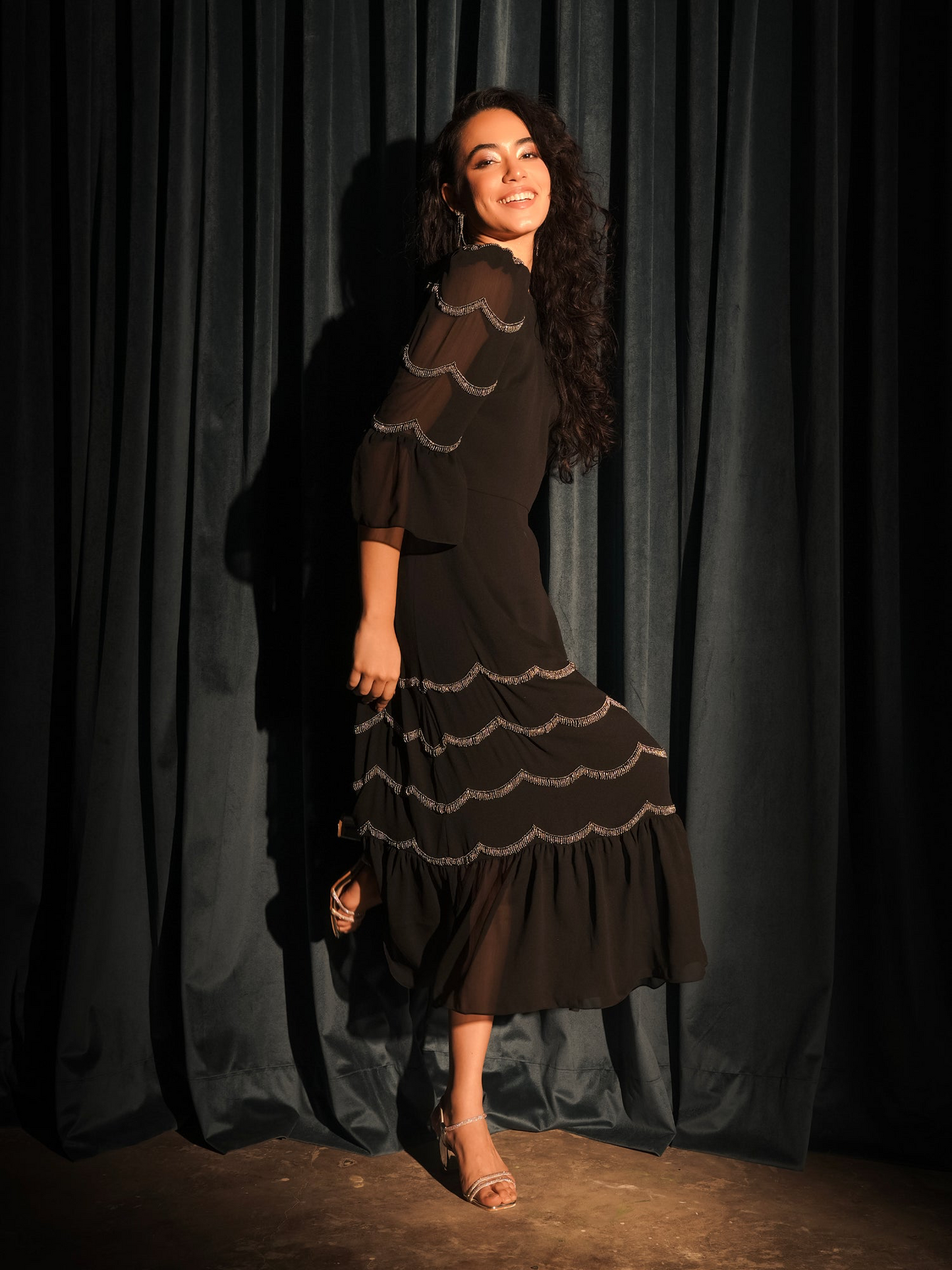 Rose And Nancy Georgie Black and Silver Scallop Bead Midi Dress